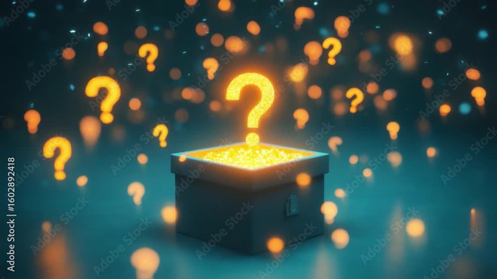 Poster mysterious box filled with glowing question marks in a dark atmosphere for conceptual idea explorati