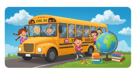 Happy Children and Students on Yellow School Bus - Back to School Illustration
