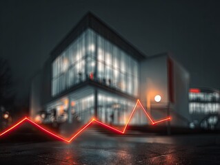 Nighttime cityscape with a red line graph