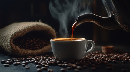 A coffee pot pouring hot black espresso into an elegant white cup, surrounded by scattered coffee beans sack of coffee beans  on a dark  background. 3d illustration.