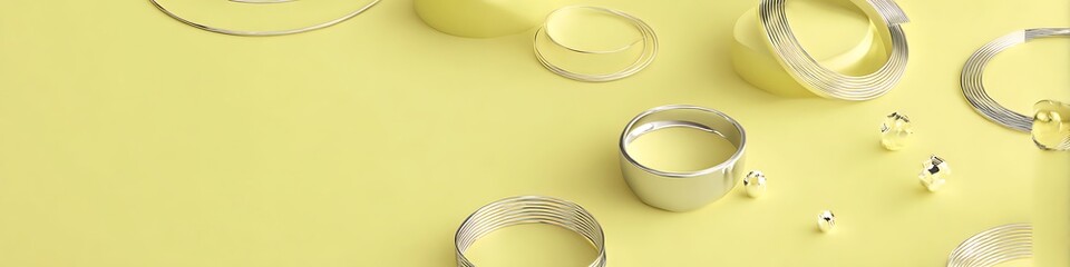 Minimal silver jewelry set with clean linear forms on butter yellow backdrop