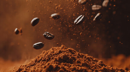 A close-up shot of roasted coffee beans falling in mid-air, with a blurred background that highlights the focus on the coffee beans and ground coffee. 3d illustration.