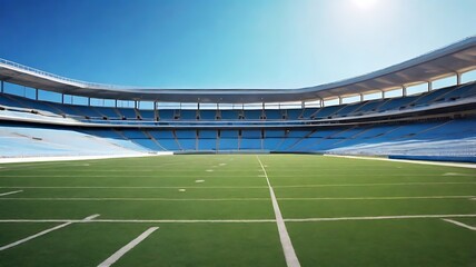 A modern football stadium, empty field illuminated by powerful stadium lights,  blue sky, clean green pitch, dramatic lighting, photorealistic sports setting