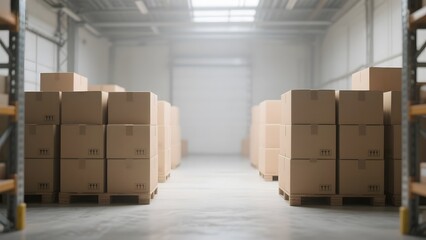 Rows of stacked cardboard boxes in a spacious warehouse