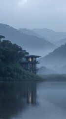 A tranquil, two-story modern house nestled on a lakeside, partially obscured by mist and lush vegetation against a backdrop of softly-lit, hazy mountains at dawn or dusk