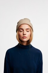 Portrait of woman wearing beanie and turtleneck sweater with eyes closed studio shot