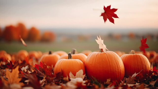 Several pumpkins are resting on the ground among fallen autumn leaves in a field with orange trees in the background.