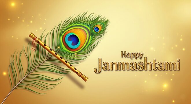 Radiant Morpankh with Bansuri – Happy Janmashtami Krishna HD Wallpaper Background