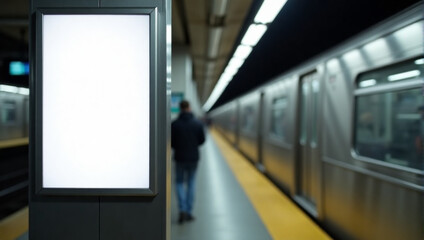 Mockup of advertising billboard, digital screen blank at railway station, empty white poster public information display, blurred metro train on platform - Modern transport, urban advertising