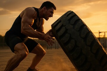 Full-body shot of male crossfit athlete flipping tire at sunset with raw strength and grit. Concept of fitness, effort, outdoor training, motivation, summer power, and physical intensity.