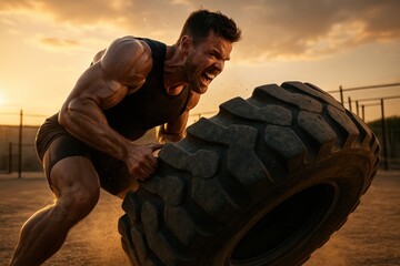 Full-body shot of male crossfit athlete flipping tire at sunset with raw strength and grit. Concept of fitness, effort, outdoor training, motivation, summer power, and physical intensity.