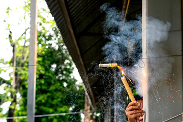 Light firecrackers Explosives, sparks, running on wires