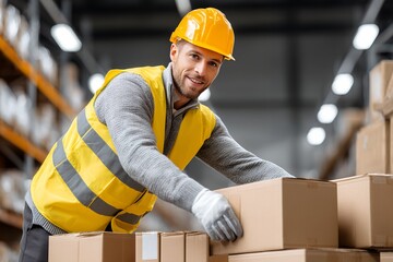 Caucasian male worker in safety gear organizing boxes in warehouse