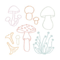 Mushrooms, vector linear icon set. Collection of cozy sticker designs.