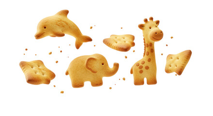 Animal Shaped Biscuits Isolated On A Transparent Background Featuring Giraffe Elephant And Dolphin With Golden Brown Color