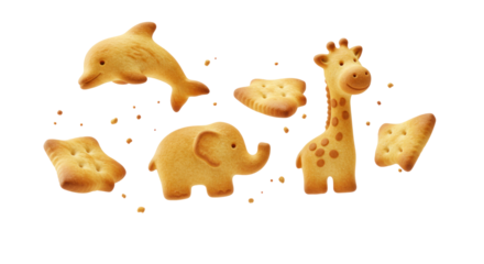 Animal Shaped Biscuits Isolated On A Transparent Background Featuring Giraffe Elephant And Dolphin With Golden Brown Color