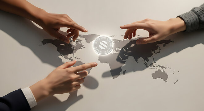 Global collaboration: Diverse hands interact with a digital coin symbol projected onto a world map.