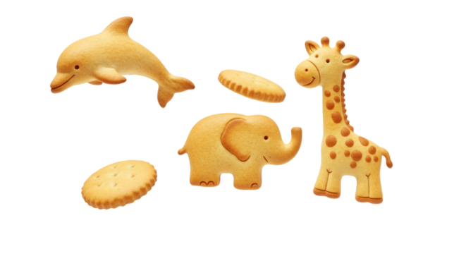 Animal Shaped Biscuits Isolated on Transparent Background Depicting Dolphin Elephant Giraffe and Circle Biscuits - Powered by Adobe