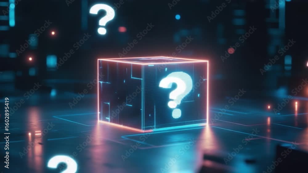 Poster futuristic digital cube with glowing question marks in a virtual environment 4k video footage