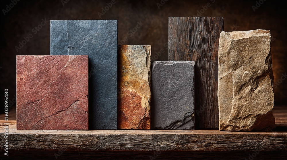 Poster array of stones on a wood surface showcasing textures and colors. the rustic materials are presented
