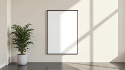Vertical blank poster frame hanging on beige wall in modern interior with natural sunlight and indoor potted plant, empty white canvas for artwork, photography or typography mockup, contemporary minim