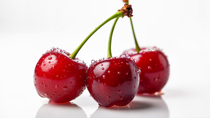 Juicy red cherries with water droplets are isolated on a white background. Suitable for food advertising, healthy eating concepts, and fruit nutrition visuals.