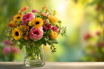 Vibrant floral bouquet with sunflowers, roses, and greenery in glass vase