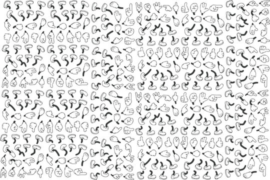 Retro cartoon legs and hands, Hands with gloves and feet with boots, various poses for characters, a set of poses, gestures, placement of hands and feet.
Cartoon set of limbs. Mascot character set eps