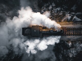 High-angle view of a vintage steam train emitting plumes of smoke amidst rocky terrain
