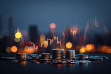 Financial growth, nighttime cityscape