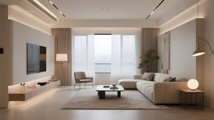 Fototapeta premium Modern Living Room with Neutral Tones and Minimalist Design