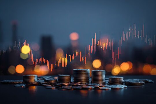 Financial growth, nighttime cityscape