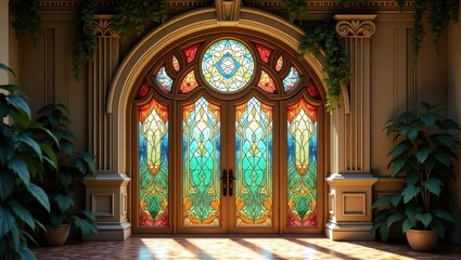 Obraz premium Ornate stained glass doorway in a stately interior.