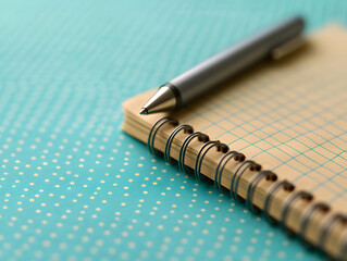 A silver pen rests on an open spiralbound notebook with grid paper