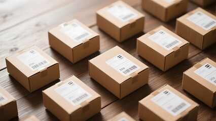 Arrangement of cardboard boxes with shipping labels on a wooden surface