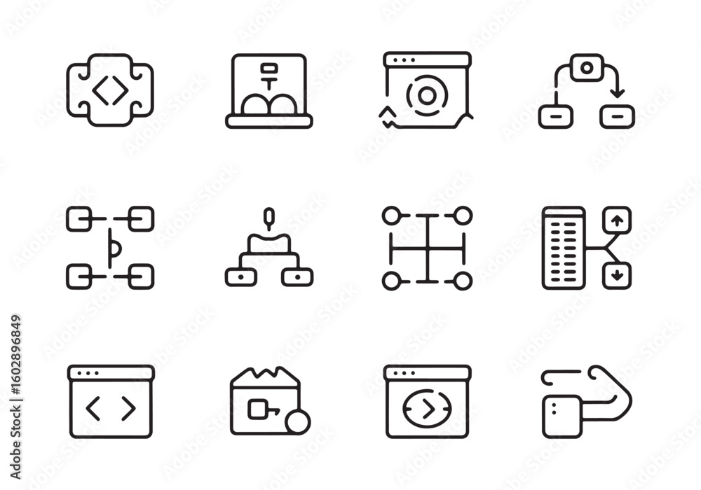 Aufkleber collection of black outline icons representing technology and data flow network