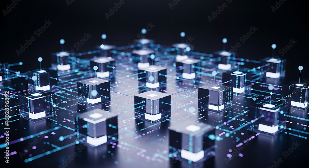Poster glowing data cubes interconnected, forming a complex digital network.