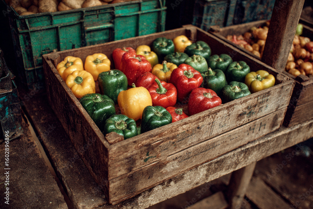 Aufkleber colorful bell peppers are neatly arranged in a rustic wooden crate, creating a vibrant display at a 