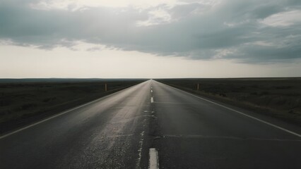 Straight Road Stretching into the Horizon Under a Cloudy Sky