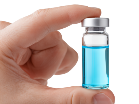 A close-up shot of a hand delicately holding a vial of blue vaccine