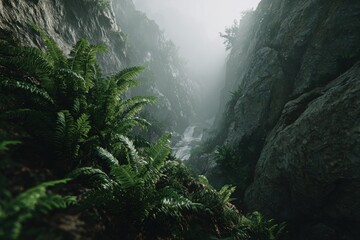 Lush vegetation lines a misty mountain ravine.