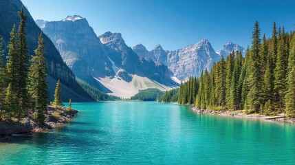 A serene turquoise lake nestled amidst towering, snow-capped mountains and lush evergreen forests under a vibrant blue sky