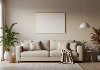Neutral Living Room Interior with Blank Canvas Mockup A Serene and Stylish Space for Relaxation and Display