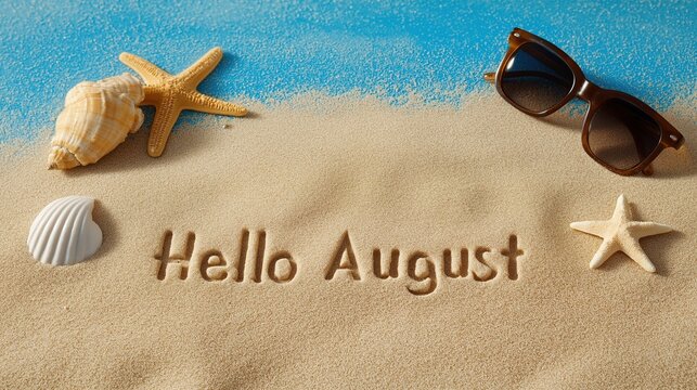 “Hello August” Etched in Beige Sand – Minimalist Top View with Shell, Starfish & Sunglasses, Soft Light and Sea Texture