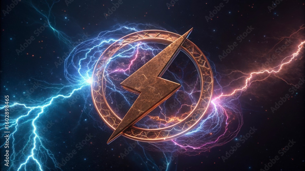 Poster a golden lightning bolt symbol surrounded by a circle with lightning on a dark background