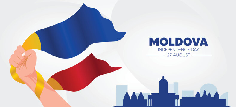 Moldova Independence Day 27 August Poster with Flag Ribbon in Hand and Cityscape vector poster