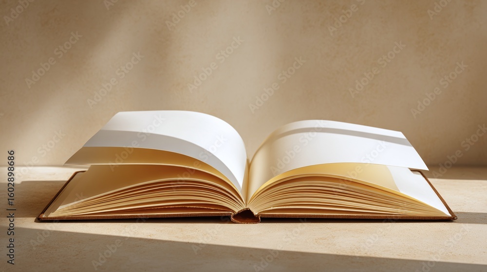 Poster an open book with blank pages, casting shadows in a softly lit scene.