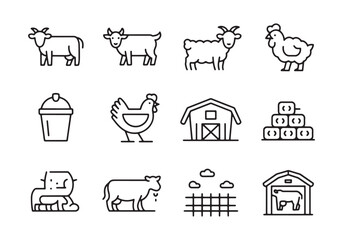 Farm animal icons including cow goat sheep chicken barn hay bales and bucket vector