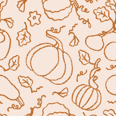 Pumpkins harvest seamless pattern. Autumn plants print. Vector illustration in hand drawn simple style.