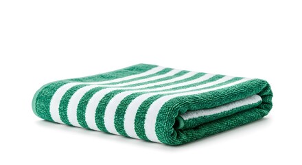 Green and white striped towel neatly folded on white background, ideal for spa, beach, bathroom, or hotel-related themes in lifestyle and product catalogs.